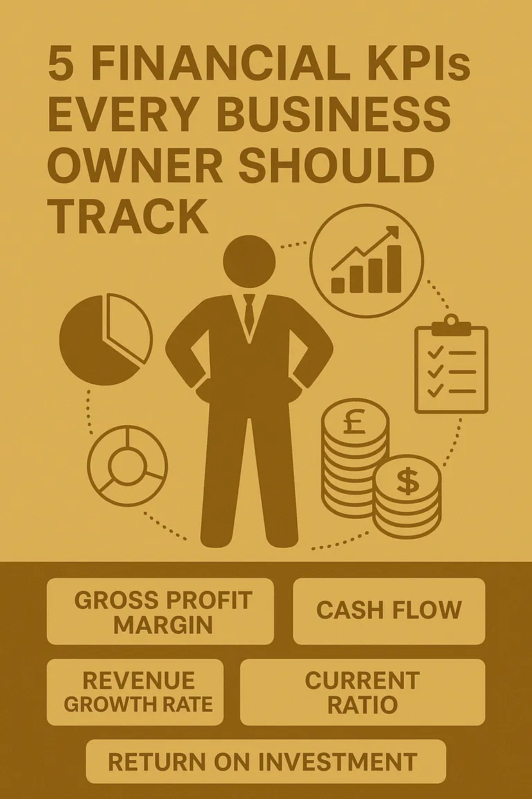 A gold-themed illustration showing KPI icons, charts, coins, checklists, and a business figure representing the five financial KPIs every business owner should track.