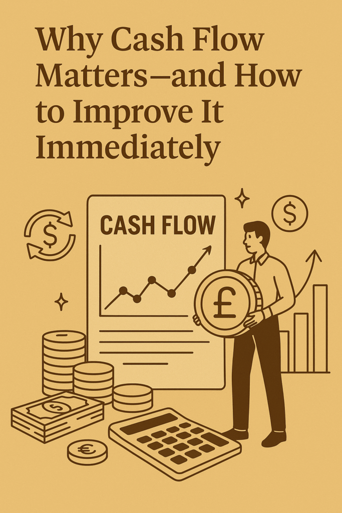 A gold-themed illustration showing cash flow charts, coins, a calculator, and a business figure analysing financial data with the title “Why Cash Flow Matters—and How to Improve It Immediately.”