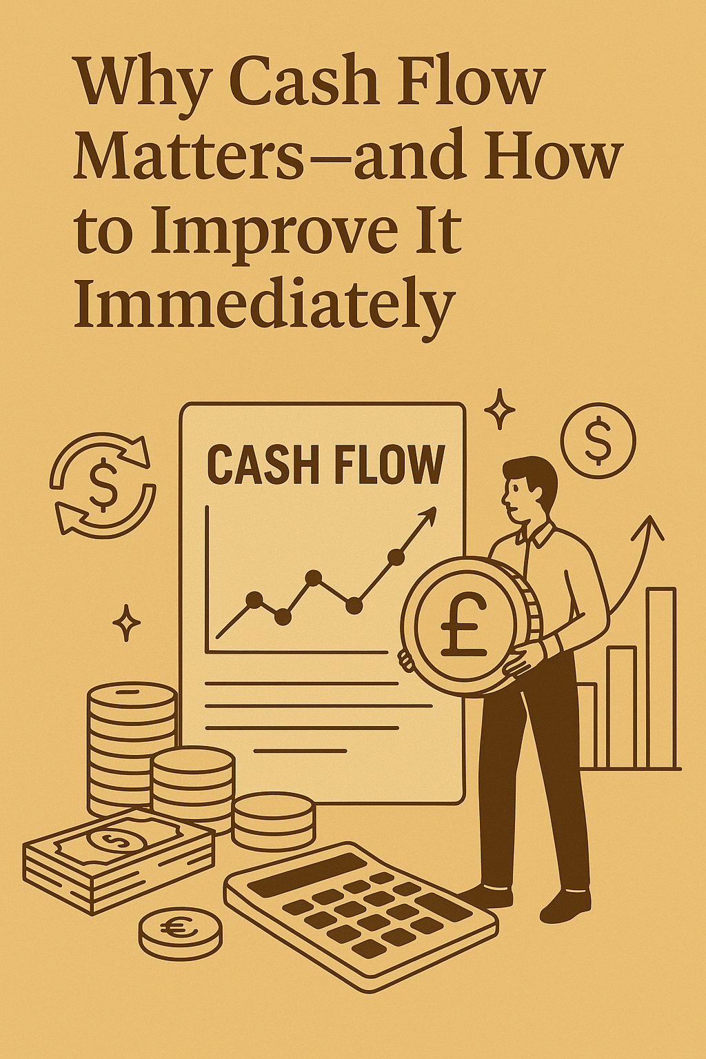 A gold-themed illustration showing cash flow charts, coins, a calculator, and a business figure analysing financial data with the title “Why Cash Flow Matters—and How to Improve It Immediately.”
