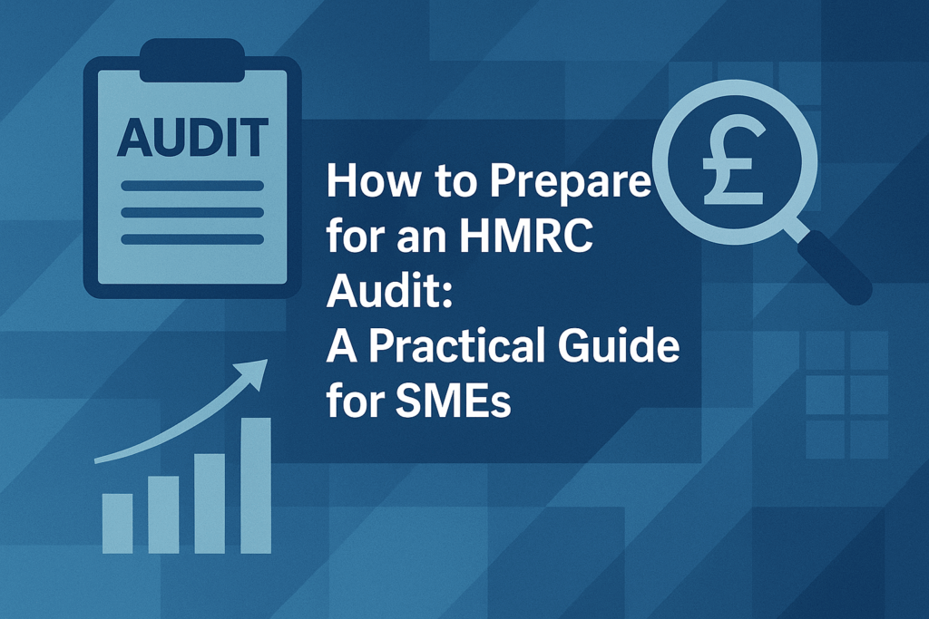 A blue digital graphic showing audit icons such as a clipboard, magnifying glass, and bar chart titled “How to Prepare for an HMRC Audit: A Practical Guide for SMEs.”