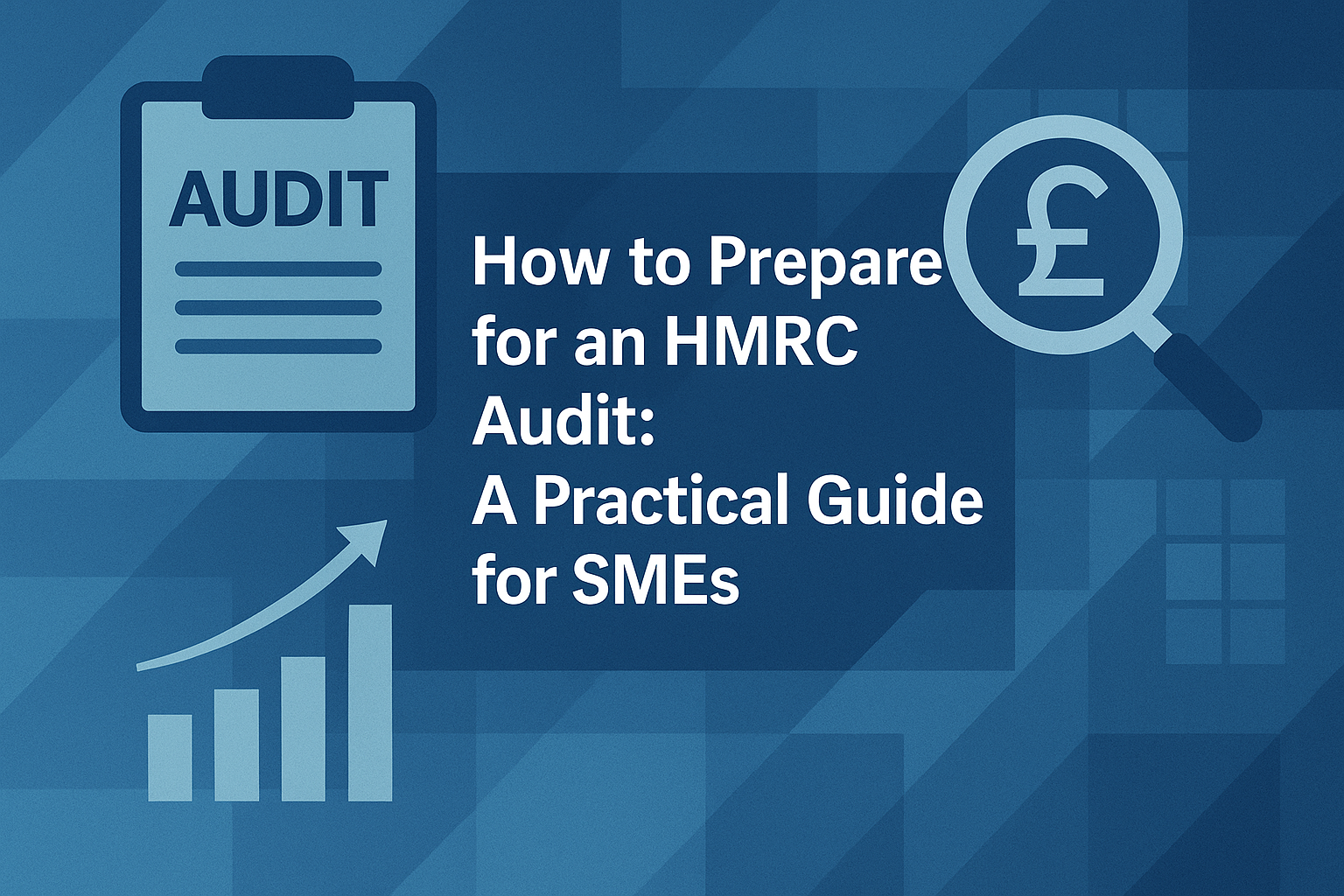 A blue digital graphic showing audit icons such as a clipboard, magnifying glass, and bar chart titled “How to Prepare for an HMRC Audit: A Practical Guide for SMEs.”