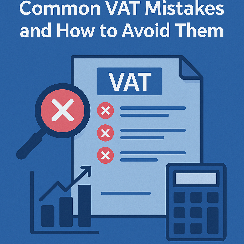 A digital illustration showing VAT documents, error symbols, a magnifying glass, bar chart, and calculator with the title “Common VAT Mistakes and How to Avoid Them.”