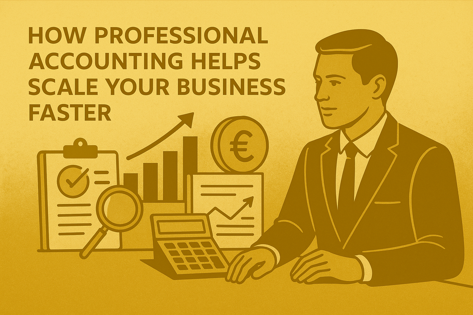 A gold-themed illustration showing an accountant, financial charts, documents, and growth icons representing how professional accounting helps scale a business.
