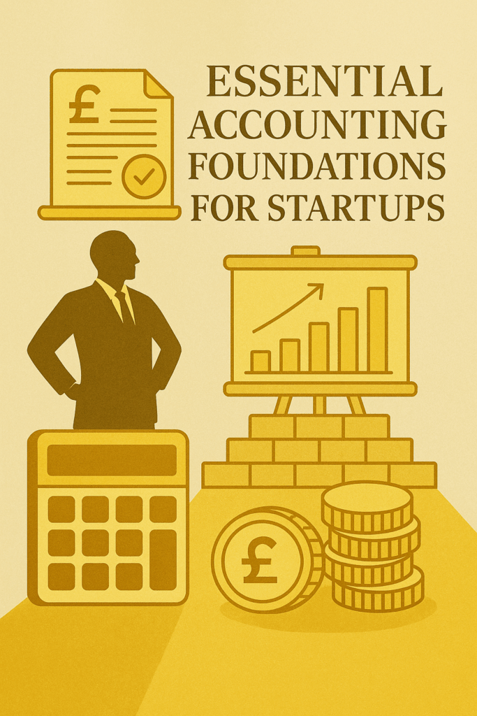 A gold-themed illustration featuring a startup founder reviewing financial documents, charts, and accounting tools, representing essential accounting foundations for startups