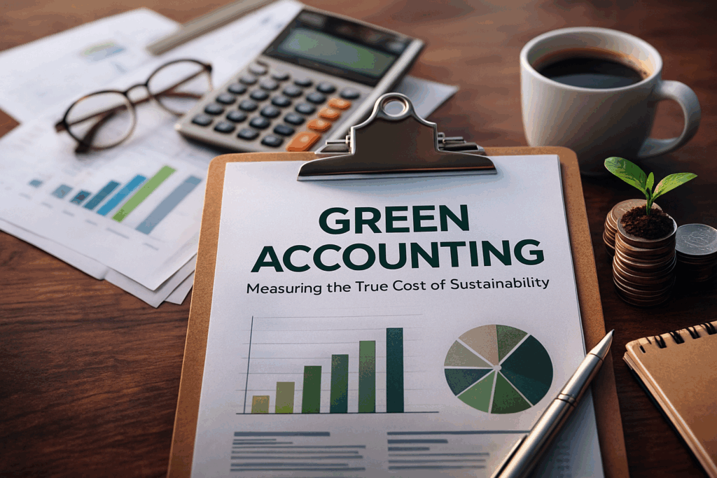 A financial workspace showing a clipboard titled ‘Green Accounting,’ charts, a calculator, coins, and a small plant symbolizing sustainability and eco-friendly finance.