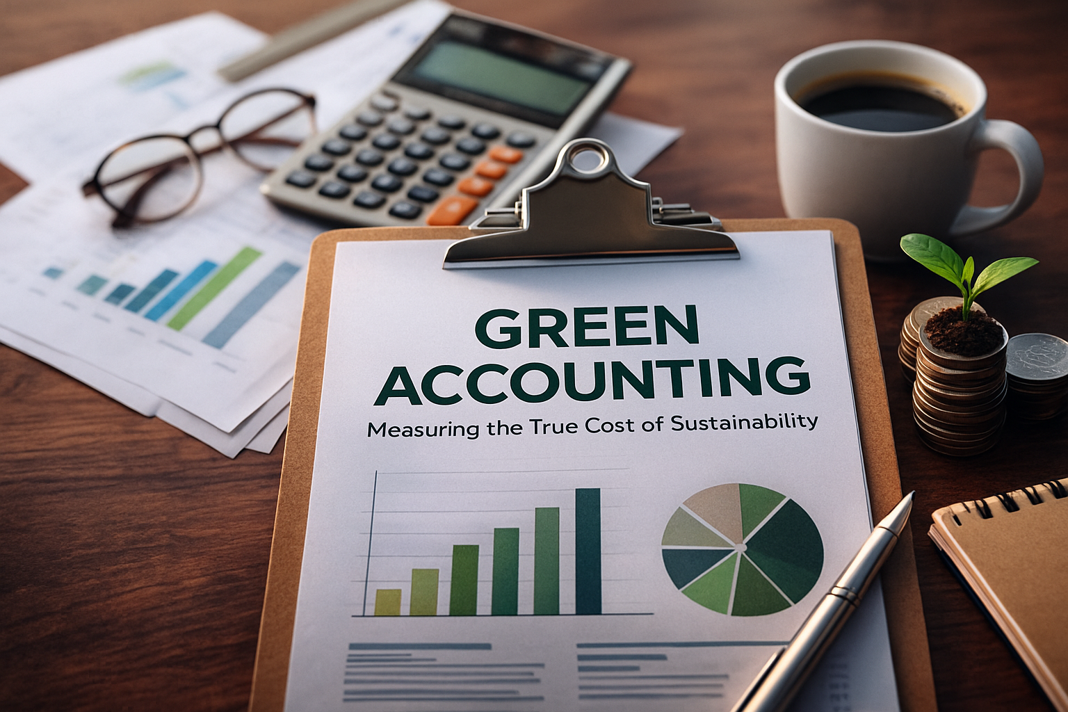 A financial workspace showing a clipboard titled ‘Green Accounting,’ charts, a calculator, coins, and a small plant symbolizing sustainability and eco-friendly finance.
