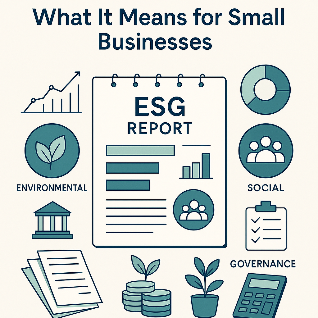 Illustration showing ESG reporting concepts including environmental, social, and governance icons, tailored for small business sustainability.