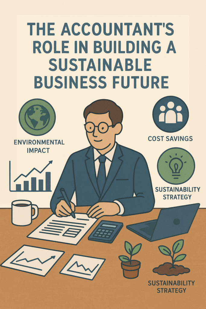 Illustration of an accountant working at a desk with charts, a calculator, and sustainability icons representing environmental impact, cost savings, and ESG strategy.