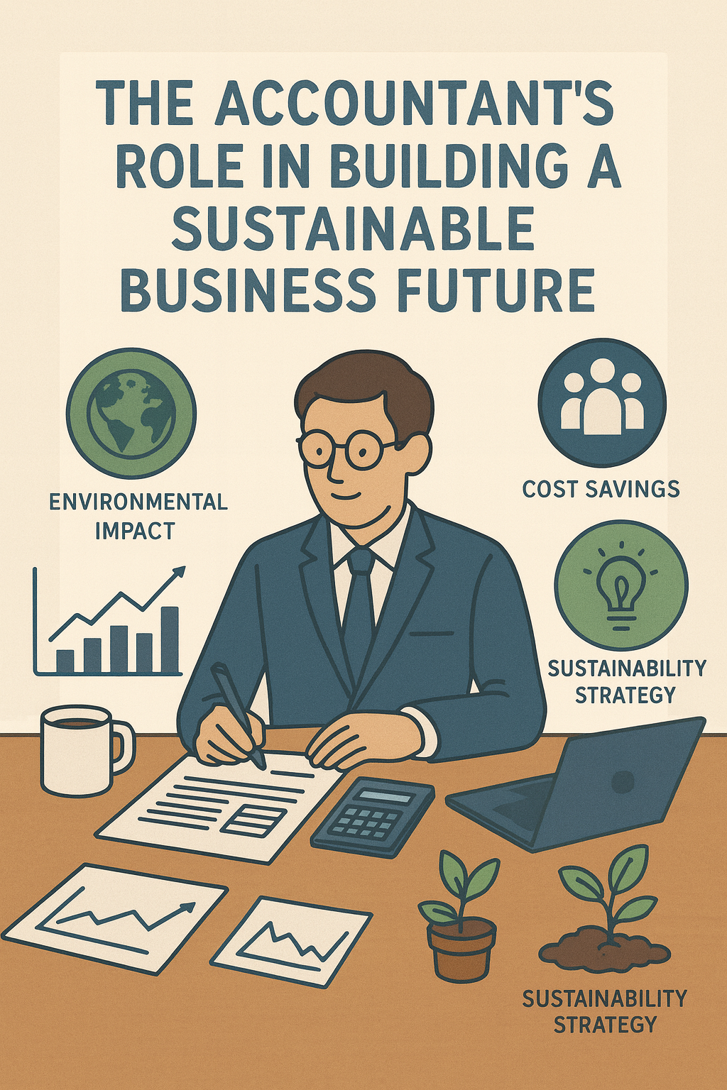 Illustration of an accountant working at a desk with charts, a calculator, and sustainability icons representing environmental impact, cost savings, and ESG strategy.