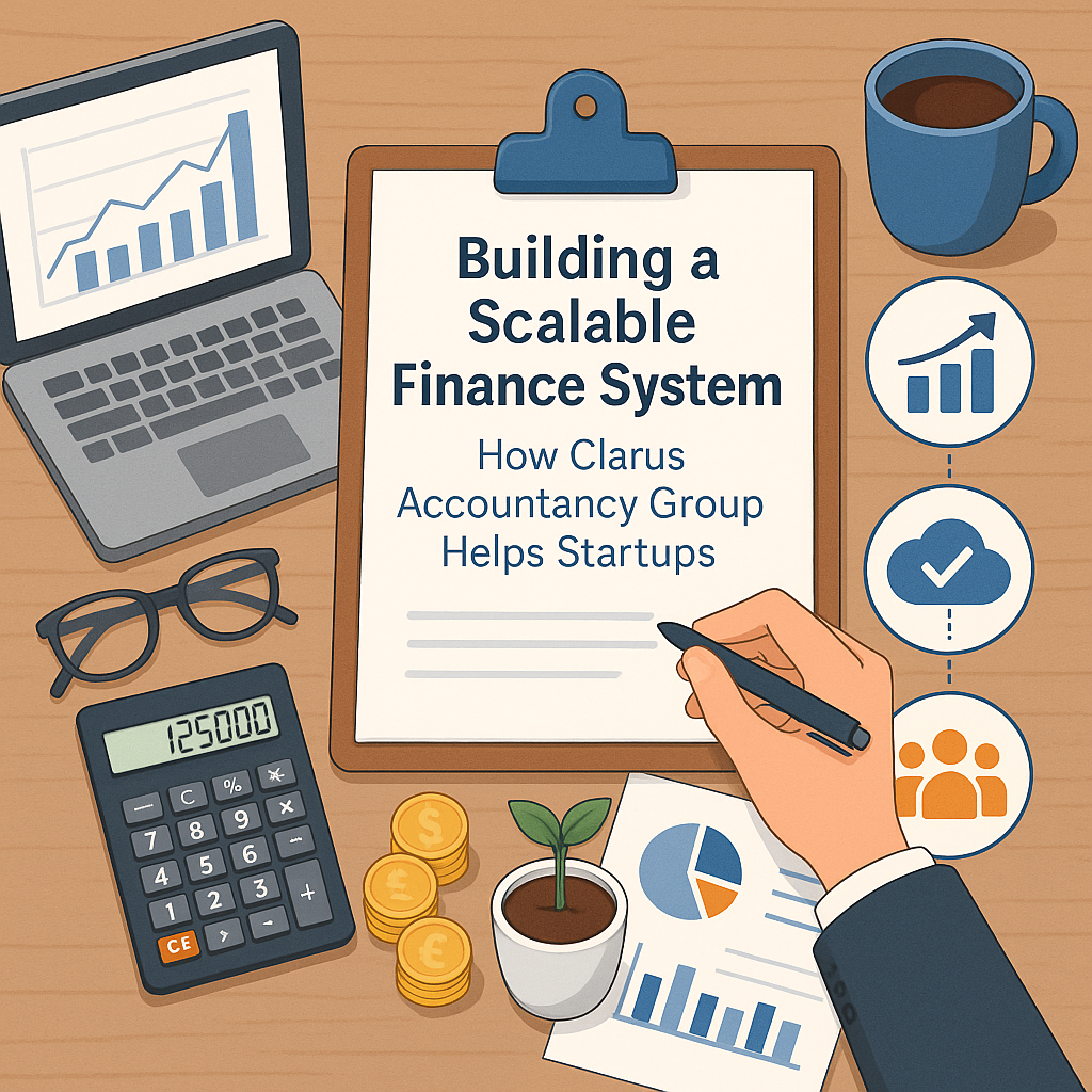 Illustration showing a clipboard titled ‘Building a Scalable Finance System,’ surrounded by a laptop with financial charts, calculator, coins, and icons representing growth, cloud accounting, and startup support.