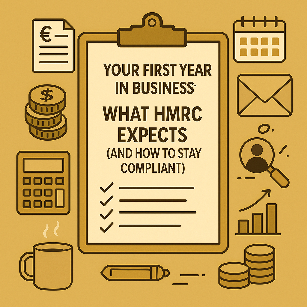 Gold-themed flat illustration showing a checklist titled ‘Your First Year in Business: What HMRC Expects,’ surrounded by icons for tax, coins, calendar, calculator, and compliance tools.