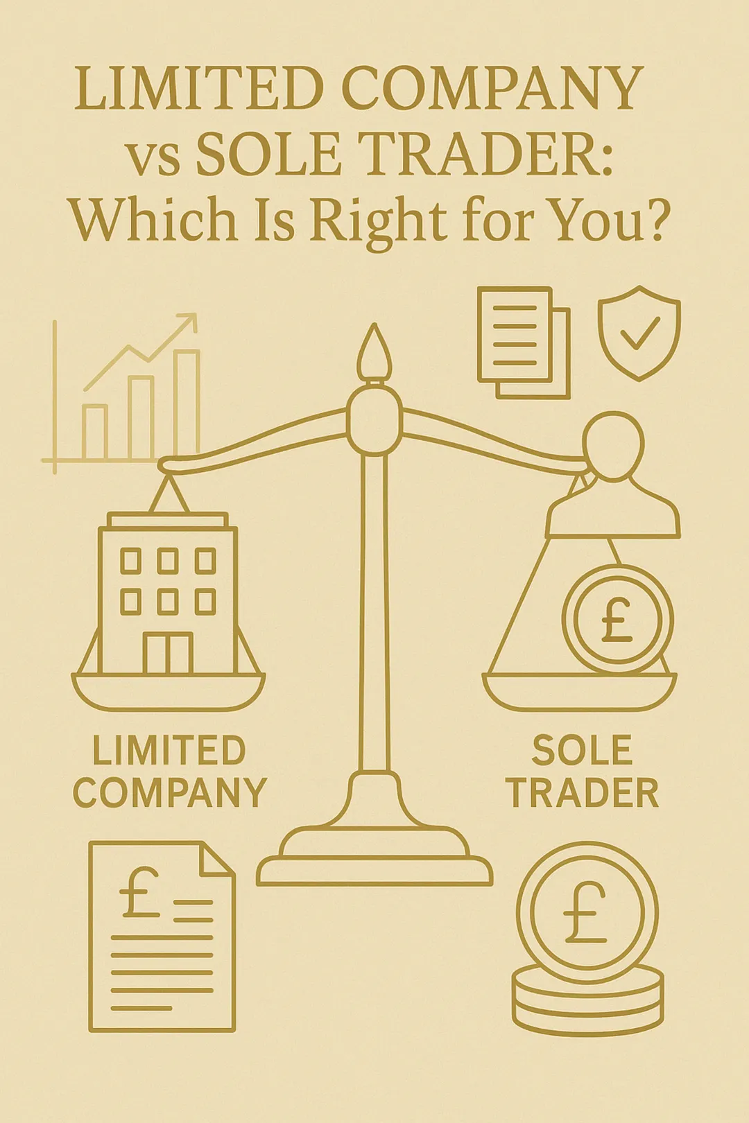 A gold-themed comparison illustration showing a balanced scale with a building representing a limited company and a person representing a sole trader, symbolising the choice between business structures.