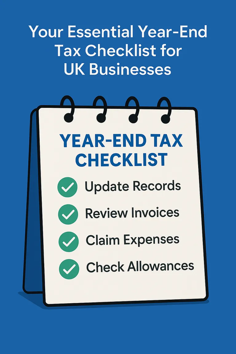 standing notepad graphic titled “Year-End Tax Checklist” showing tasks such as updating records, reviewing invoices, claiming expenses, and checking allowances on a blue background.